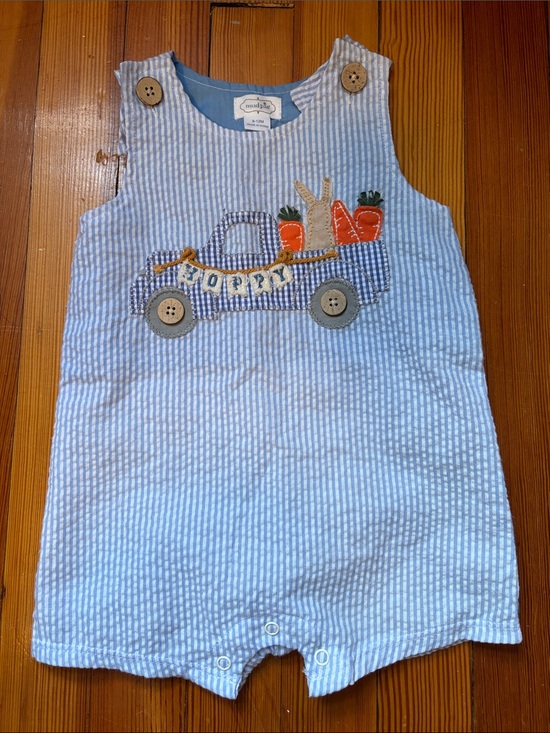 Mud Pie Other - Mud Pie Light Blue Seersucker Bunny & Car Appliqué One-Piece